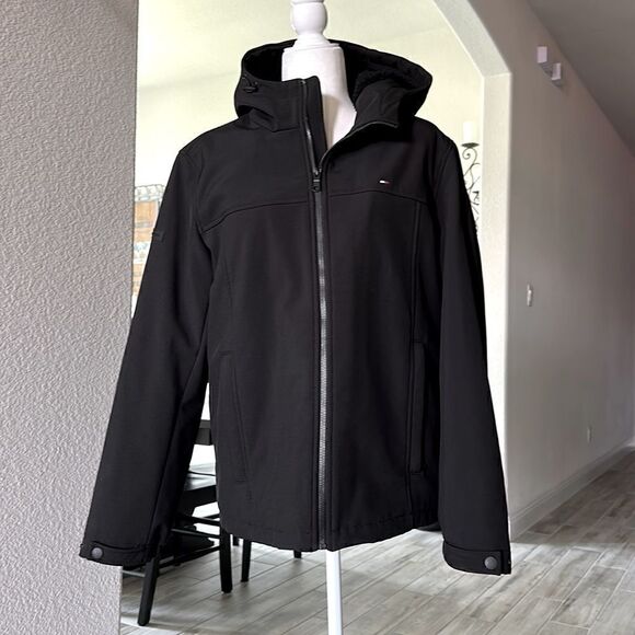 Tommy Hilfiger Hooded Soft Shell Jacket Black Lightweight Waterproof S Classic - Picture 5 of 10